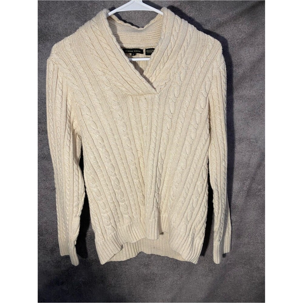 JEANNE PIERRE Womens L Cream Cable Knit Shawl Collar 100% Cotton Sweater